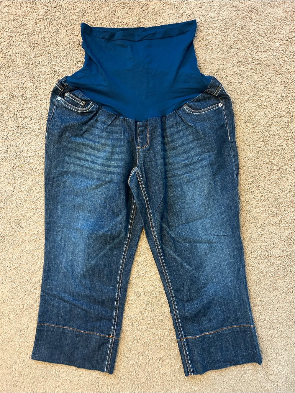 Motherhood Maternity Women’s Dark Blue Denim Capri Jeans w/Navy Belly Panel XL